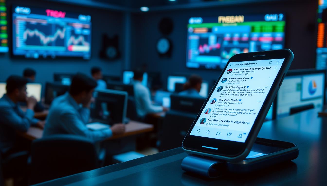 A busy trading floor, with brokers glued to their screens, surrounded by charts and graphs. The room is bathed in a soft, blue-tinged light, casting a contemplative mood. In the foreground, a smartphone lies on the desk, its screen displaying a social media feed filled with financial chatter and stock market commentary. The juxtaposition of the traditional trading environment and the digital, social landscape reflects the growing influence of online discourse on India's retail investor boom. The scene conveys the profound impact of social media on the dynamics of the country's stock market.