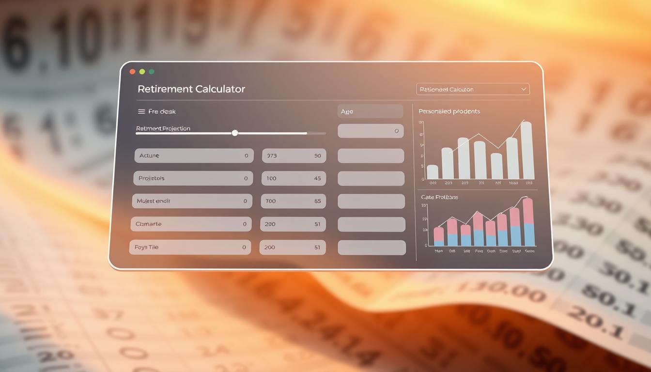 A sleek, modern retirement calculator interface floats against a soft, blurred financial background. Warm lighting illuminates the clean, minimalist design with intuitive input fields and sliders. Elegant charts and graphs display personalized projections, conveying a sense of control and empowerment. The entire scene is rendered with a high-quality, photorealistic aesthetic, capturing the gravity and importance of this pivotal financial planning tool.