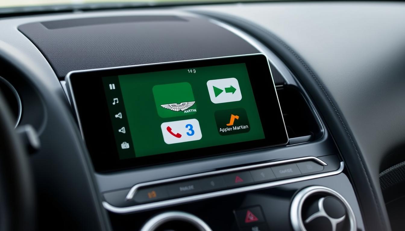 Apple CarPlay Ultra with Aston Martin custom theme showing brand-specific design elements