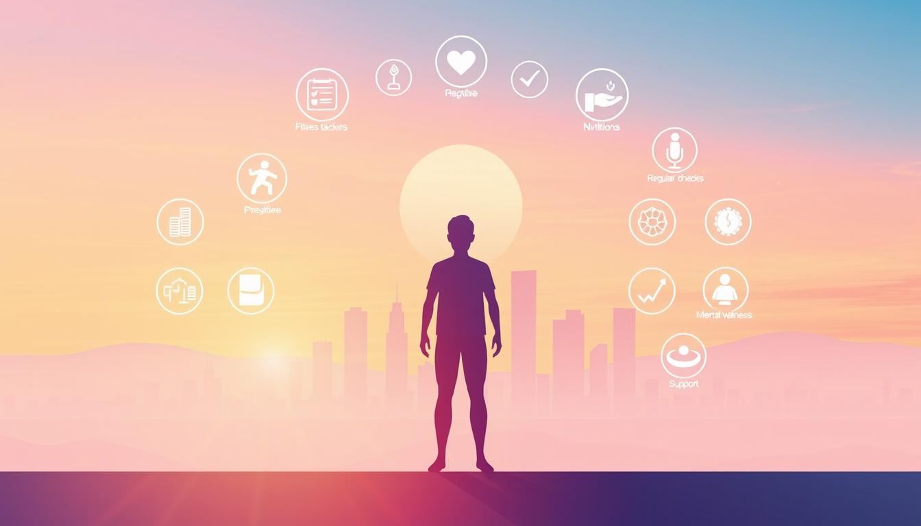 A sleek, minimalist illustration of a preventive healthcare model. In the foreground, a stylized human figure stands tall, surrounded by a halo of glowing icons representing various preventive care measures - from fitness trackers and nutritional guidance to regular check-ups and mental wellness support. The middle ground features a clean, geometric cityscape, conveying a sense of progress and modernity. In the background, a vibrant, pastel-hued sky lends an optimistic, forward-looking atmosphere. The scene is bathed in warm, diffused lighting, creating a tranquil, inviting ambiance. The overall impression is one of a holistic, technology-driven approach to proactive, personalized healthcare.