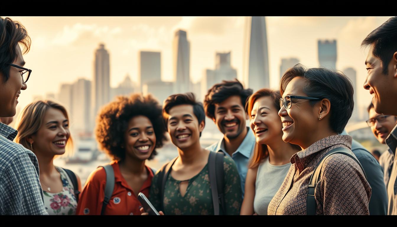 A vibrant, multicultural scene depicting the power of multilingual NLP. In the foreground, a diverse group of individuals engaged in animated conversation, their expressions reflecting the ease of cross-language communication. Behind them, a bustling city skyline with towering skyscrapers and a mix of architectural styles, symbolizing the global reach of language-transcending technology. Soft, diffused lighting casts a warm, inclusive glow, while the camera angle captures the energy and dynamism of the scene from a slightly elevated perspective. The overall mood is one of collaboration, progress, and the breaking down of linguistic barriers in the age of advanced natural language processing.