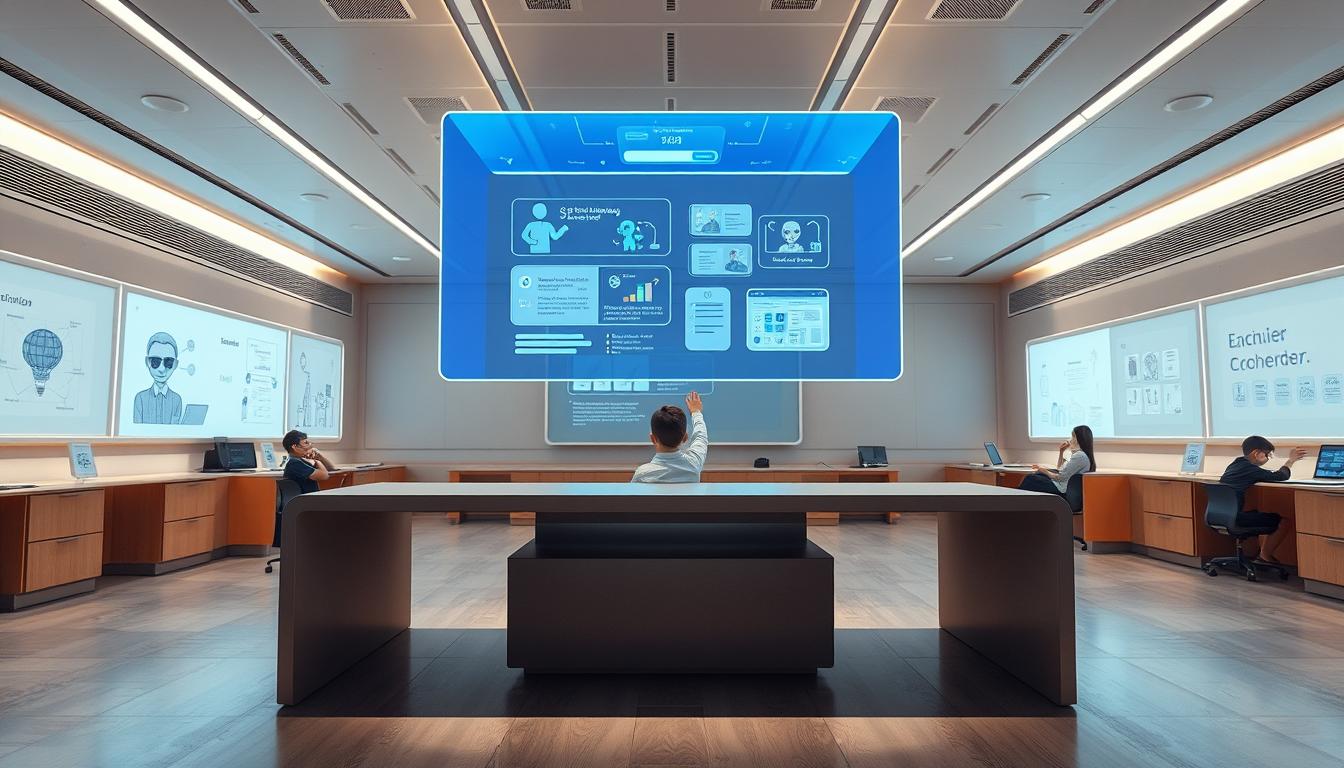 A futuristic classroom with a glowing holographic display floating above a sleek, minimalist desk. The display shows interactive lessons and educational content, controlled by a student using intuitive hand gestures. Soft, indirect lighting illuminates the space, creating a serene, focused atmosphere. The walls are adorned with digital artwork and learning materials, blending seamlessly with the high-tech environment. In the background, other students are engaged with their own personalized AI-powered learning experiences, each tailored to their unique needs and abilities. The scene conveys a sense of innovation, efficiency, and a deep commitment to transforming education through the power of advanced technology.