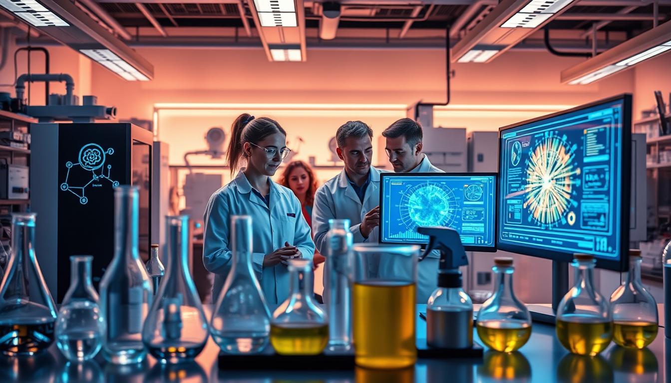 A sleek, modern laboratory setting with an array of futuristic AI formulation tools. In the foreground, various beakers, test tubes, and holographic displays showcase the latest advancements in data-driven recipe development. The middle ground features a team of scientists and engineers intently studying the simulations and readouts on their screens, their expressions focused and collaborative. In the background, the room is bathed in a warm, ambient glow, with state-of-the-art equipment and technology lining the walls, hinting at the power and precision of these AI-powered formulation tools. The overall scene conveys a sense of innovation, discovery, and the seamless integration of human expertise and artificial intelligence.