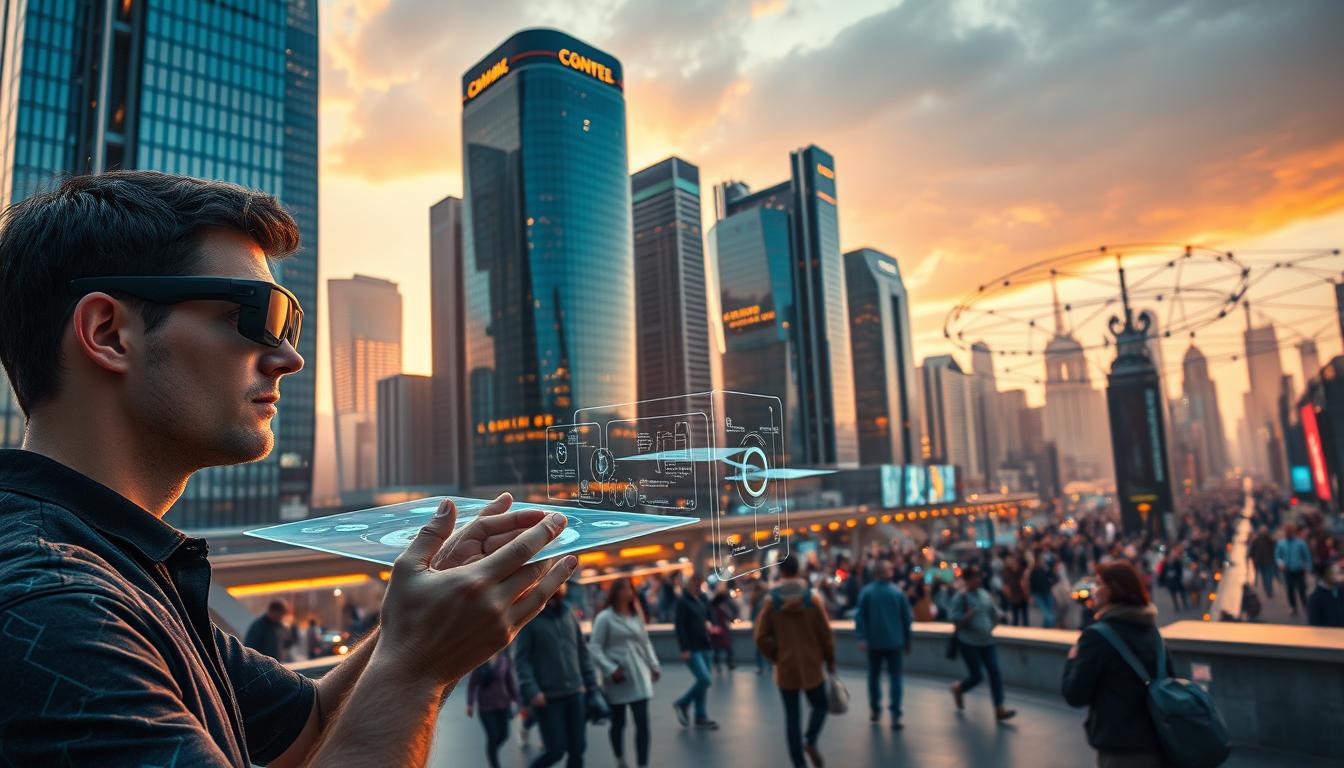 A futuristic cityscape of gleaming skyscrapers and advanced architecture, bathed in a warm, ambient glow from strategically placed lighting fixtures. In the foreground, a group of people wearing cutting-edge smart glasses, their hands gesturing intuitively as they manipulate holographic displays and digital objects that seamlessly integrate with the physical environment. The middle ground features a bustling scene of people moving through the city, their interactions with the digital realm seamless and intuitive. In the background, a network of interconnected devices and sensors creates a dynamic, responsive urban landscape, reflecting the transformative power of spatial computing.