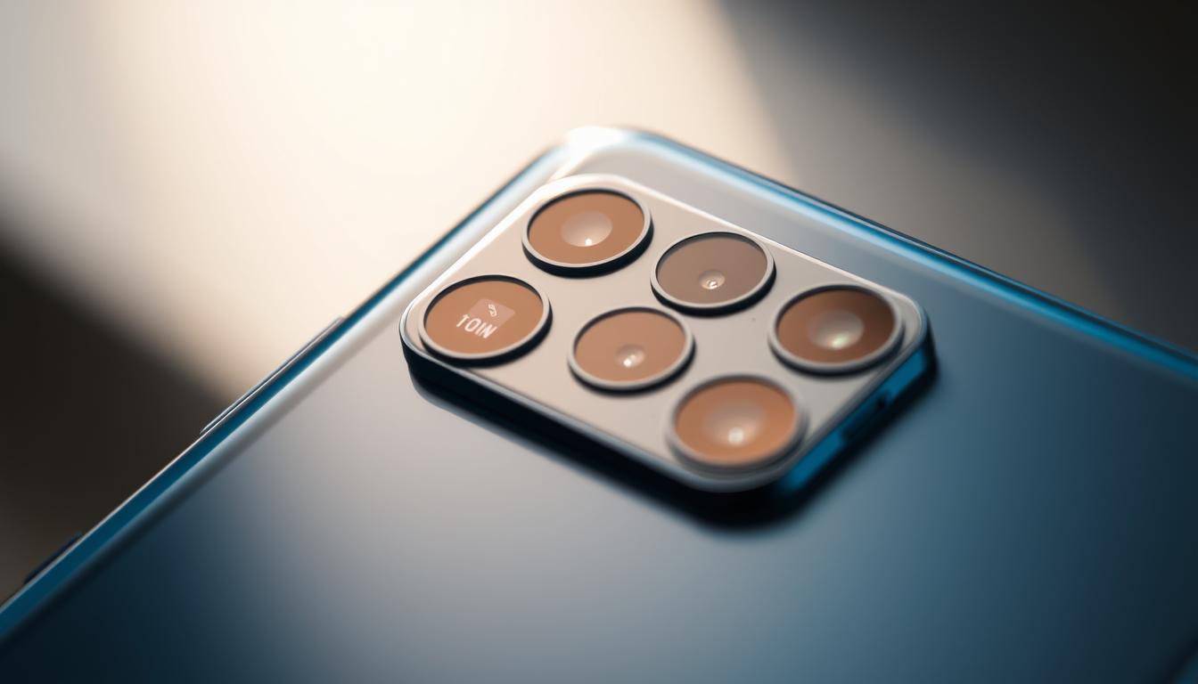 A close-up shot of the Vivo V60's multi-lens camera module, showcasing its advanced photographic capabilities. The sleek, metallic design of the phone's camera housing is highlighted, with the lenses positioned in a stylish, symmetrical arrangement. Subtle backlighting illuminates the module, creating a sense of depth and emphasis on the innovative camera features. The background is softly blurred, drawing the viewer's attention to the technical details of this cutting-edge mobile photography system. The overall mood is one of premium craftsmanship and technological sophistication, befitting the latest innovations in the Indian smartphone market.