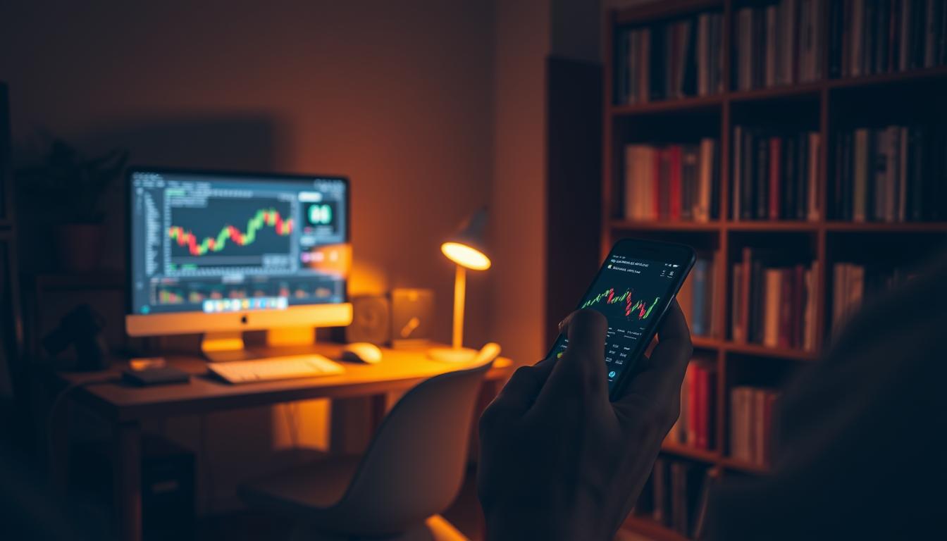 A tranquil, dimly-lit office space. In the foreground, a beginner investor's hands delicately hold a smartphone, examining a cryptocurrency trading app with focused attention. The middle ground features a desktop computer displaying colorful charts and graphs, conveying the complexities of digital asset analysis. In the background, a bookshelf laden with finance and technology volumes, symbolizing the knowledge required to navigate the cryptocurrency landscape. Warm, golden lighting casts a sense of contemplation and learning, as the scene evokes the early stages of a crypto investing journey for a novice.