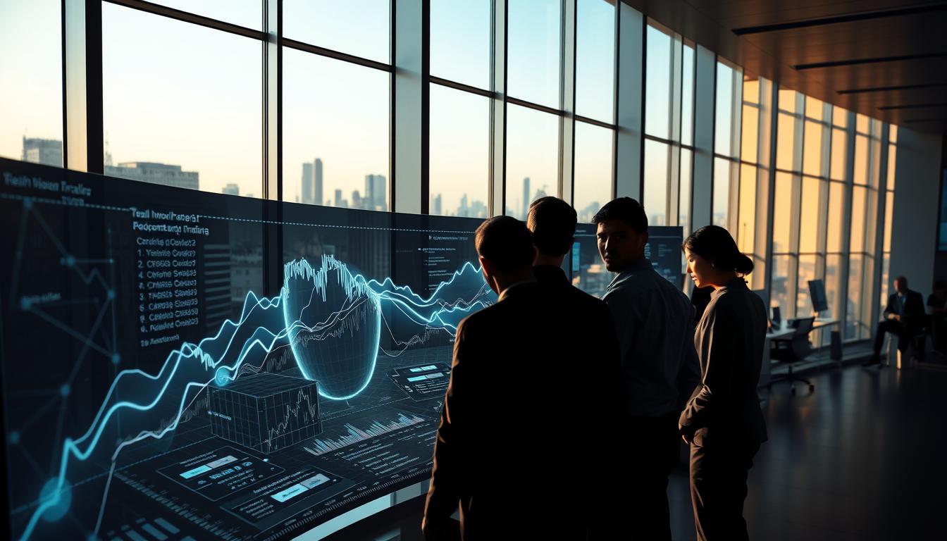 A sleek, modern office setting with floor-to-ceiling windows overlooking a bustling cityscape. In the foreground, a team of analysts huddle around a large, curved display, studying intricate financial data visualizations powered by advanced AI algorithms. Soft, directional lighting casts dramatic shadows, creating a sense of focus and intensity. The middle ground features a stylized 3D model of the stock market, pulsing with real-time data streams. In the background, the city skyline glimmers with the promise of technological innovation and economic growth. The overall mood is one of analytical rigor, technological prowess, and the transformative potential of AI in the world of finance.