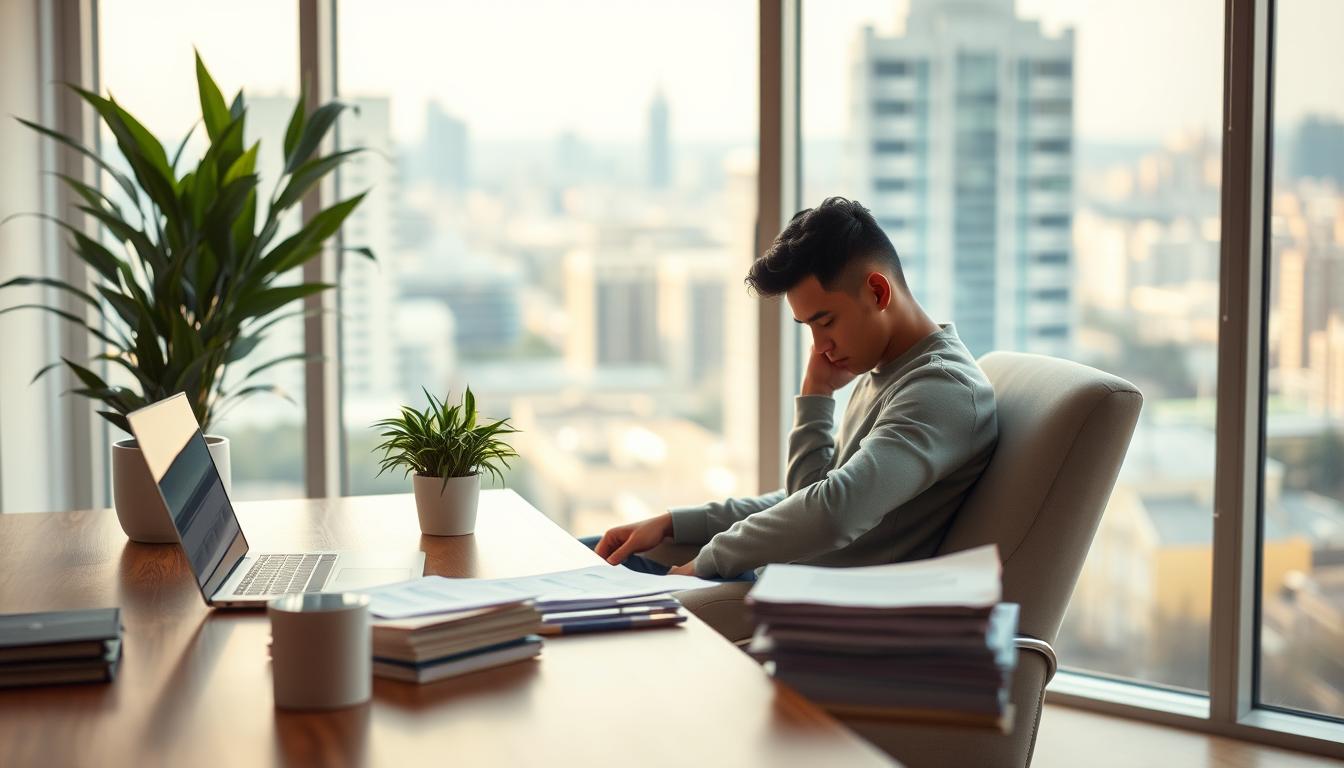 A serene office setting with a large window overlooking a cityscape. On the desk, a laptop, a stack of financial documents, and a potted plant. In the foreground, a person sits in a comfortable chair, deep in thought, contemplating their investment goals. Soft, warm lighting illuminates the scene, creating a contemplative atmosphere. The background features a blurred urban landscape, hinting at the broader financial landscape. The overall composition conveys a sense of focus, ambition, and a measured approach to achieving financial objectives.