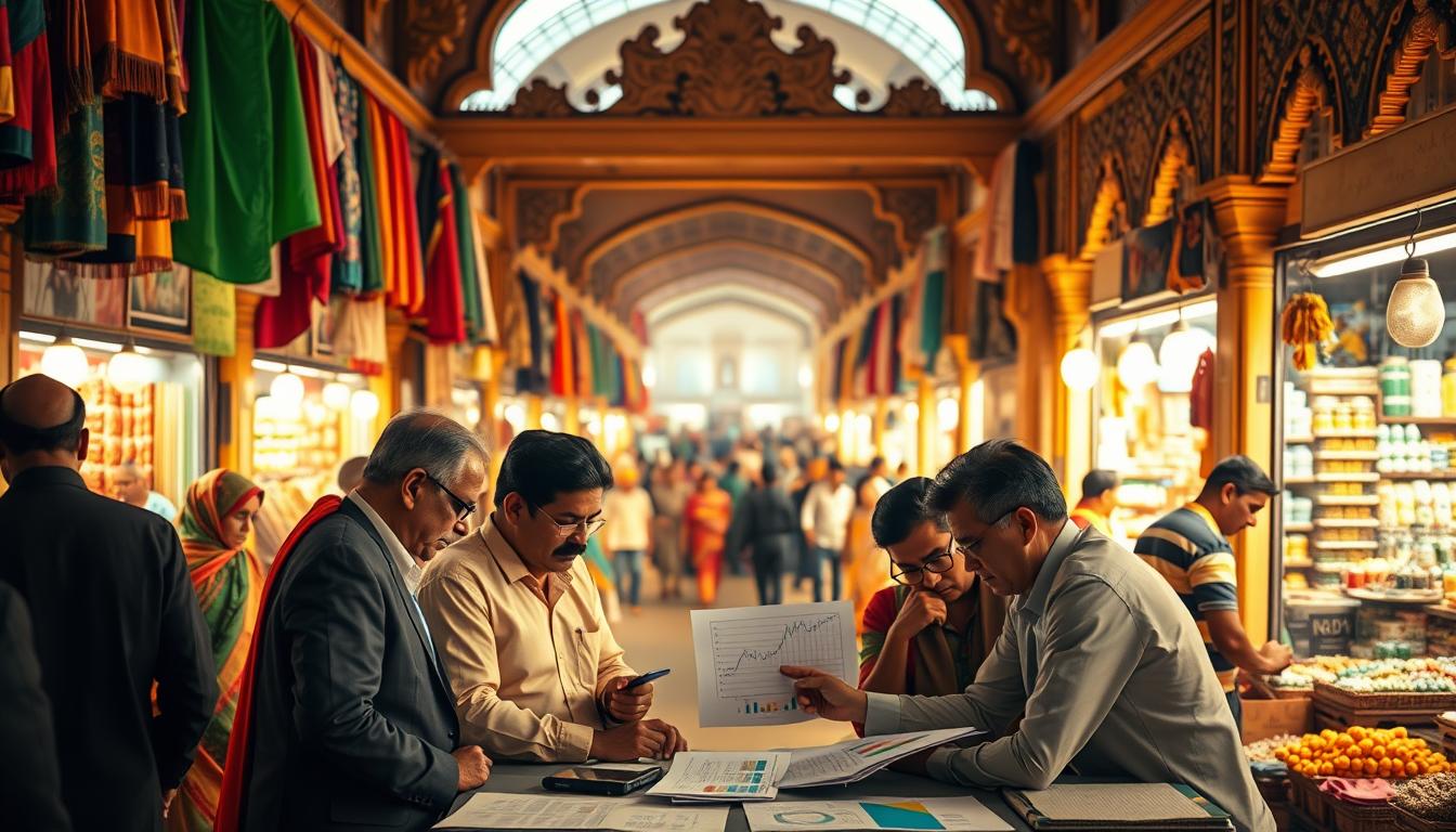 A bustling Indian market with vibrant stalls, colorful fabrics, and attentive market analysts engrossed in deep discussion. In the foreground, a group of experts in formal attire huddle around a table, poring over charts and graphs, their expressions intense as they share insights. The middle ground features the lively market, with vendors hawking their wares and shoppers navigating the busy aisles. In the background, the scene is framed by ornate, traditional architecture, casting a warm, golden glow over the entire tableau. Soft, diffused lighting creates a sense of focus and depth, drawing the viewer's eye to the central figures and their market analysis.