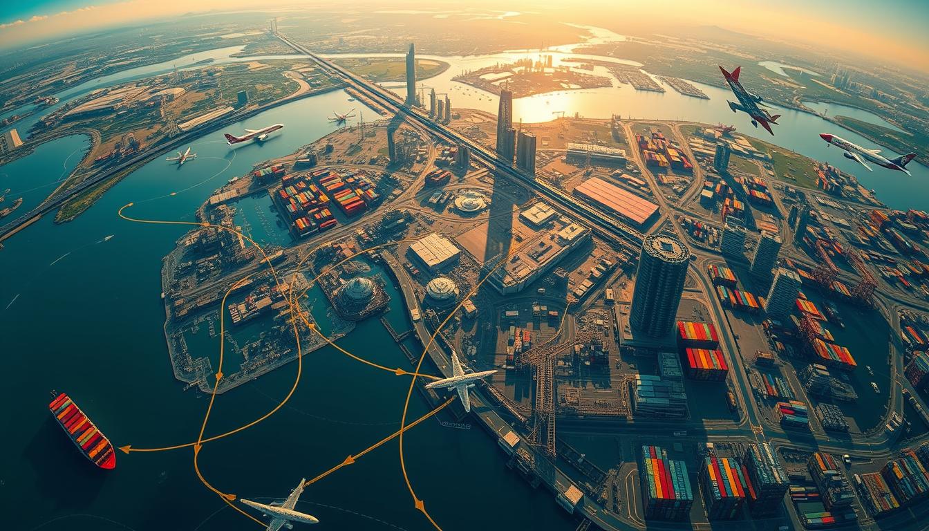 A bustling global landscape, with cargo ships, planes, and trains weaving a complex network of trade routes. In the foreground, a stylized map depicts shifting supply chains, with arrows and pathways highlighting new commercial corridors. The middle ground features towering skyscrapers, factories, and warehouses, hinting at the economic and industrial hubs that are adapting to the changing trade dynamics. In the background, a panoramic view of the world, with continents and oceans blending seamlessly, conveying the interconnectedness of the global economy. The scene is illuminated by a warm, golden light, evoking a sense of dynamism and opportunity amidst the disruption. Captured with a wide-angle lens, the image reflects the vast scale and complexity of the "Supply Chain Shifts and Beneficiaries" in the new age of trade tensions.