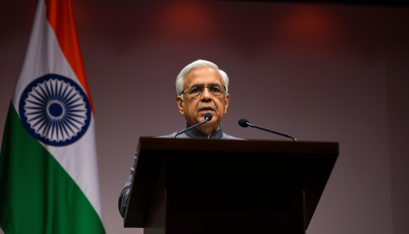 A high-level government official standing at a podium, delivering a firm and resolute speech against the backdrop of the Indian national flag. The official's expression conveys a mix of determination and diplomatic composure, highlighting India's official response to the US tariffs. The lighting is dramatic, with a spotlight illuminating the podium and casting shadows that convey a sense of gravity. The camera angle is slightly low, adding to the authoritative presence of the speaker. The overall mood is one of measured defiance, signaling India's intention to defend its economic interests on the global stage.