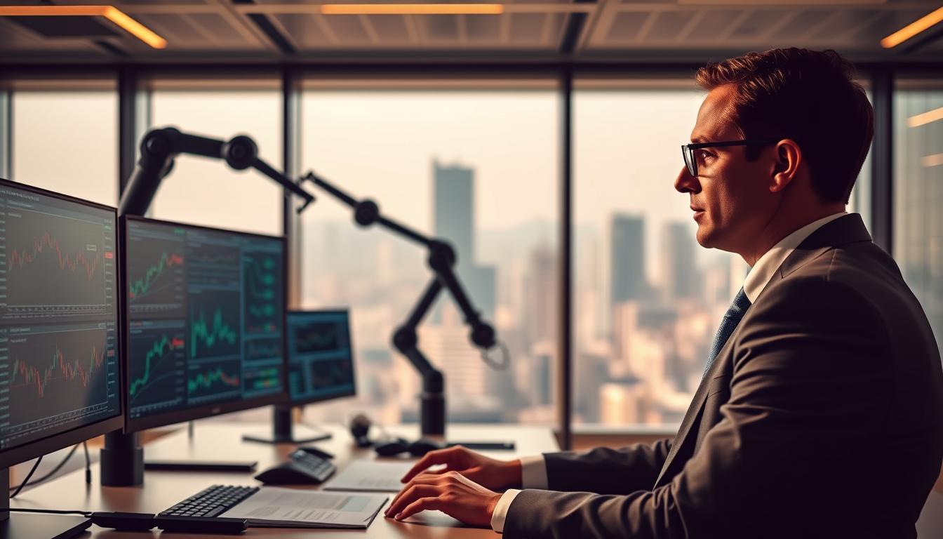 A sleek, modern office setting with floor-to-ceiling windows overlooking a cityscape. In the foreground, a desk with multiple monitors displays complex stock charts and data visualizations. An executive, dressed in a sharp suit, sits pensively, deep in thought as they analyze the information. The lighting is warm and focused, creating a sense of intensity and concentration. In the middle ground, robotic arms and AI-powered trading algorithms operate autonomously, rapidly executing trades. The background is hazy, with a blurred view of the bustling city outside, hinting at the broader market forces at play. The overall mood is one of cautious optimism, with the juxtaposition of human and machine elements conveying the delicate balance of risk and opportunity in AI-driven stock trading.