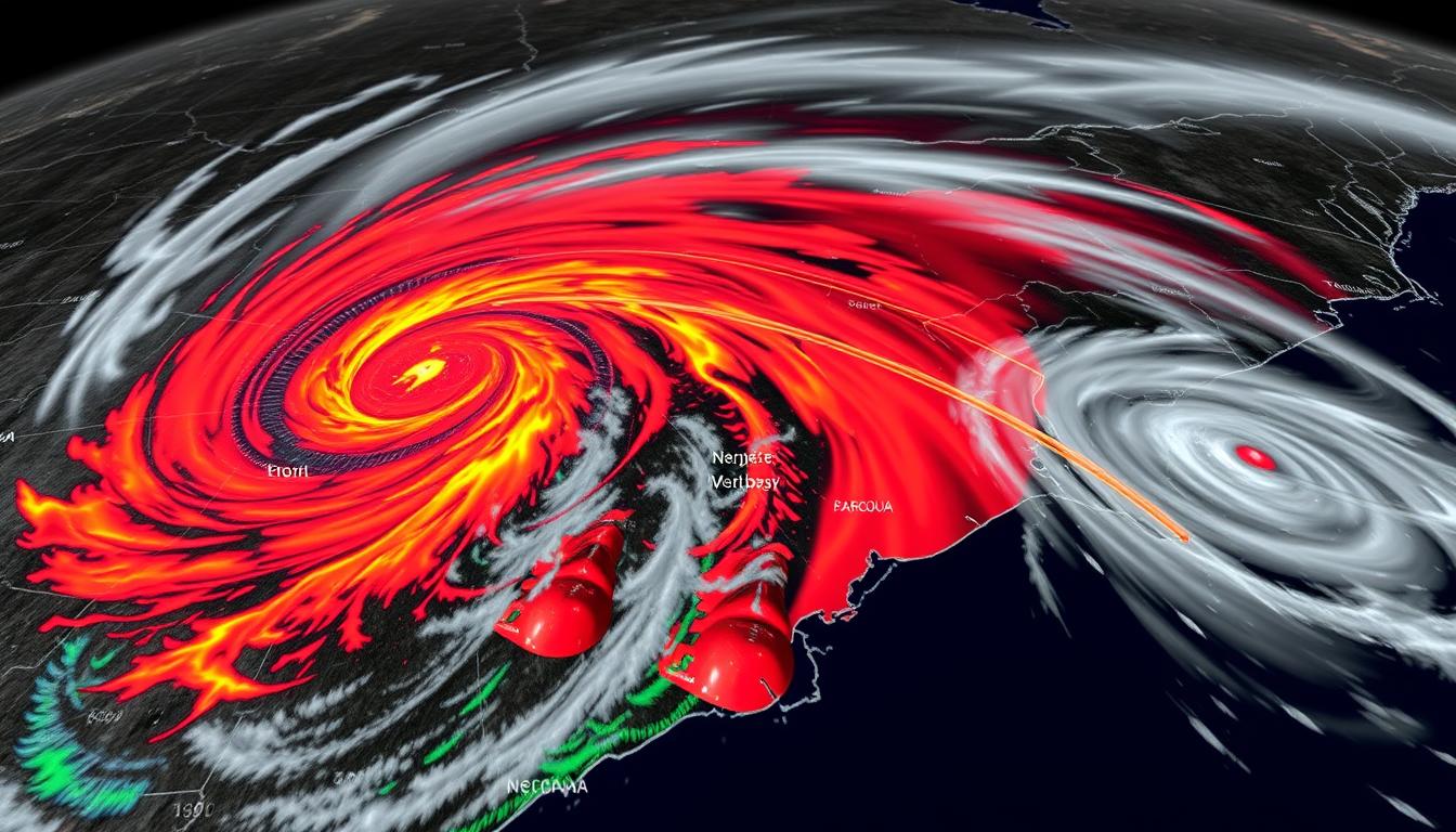 Dramatic live weather radar of Northeast Ohio, capturing the unfolding severe thunderstorm event. A detailed topographical map of the region forms the background, overlaid with a photorealistic radar visualization displaying the storm's evolution in real-time. Swirling cloud formations and distinct precipitation patterns emerge, rendered with meticulous precision to convey the storm's intensity and trajectory. Vibrant colors and dynamic lighting enhance the sense of urgency, as the radar data tracks the storm's path and potential impact areas. The composition offers a comprehensive, data-driven perspective to illustrate the timeline of this developing weather situation.