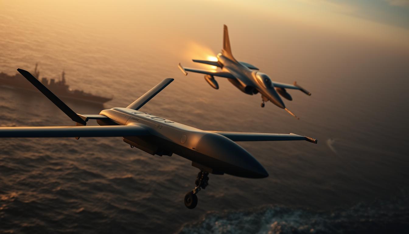 A dramatic aerial view of a Ukrainian military drone engaging a Russian fighter jet over the turbulent waters of the Black Sea. The drone, sleek and agile, hovers in the foreground, its sensors locked onto the enemy aircraft as it makes a daring attack run. In the middle ground, the Russian jet, a formidable Su-35, banks steeply, its afterburners flaring as it attempts to evade the drone's targeting systems. In the hazy background, the dark silhouettes of warships and the distant shoreline create a sense of scale and context. The scene is illuminated by the warm glow of the setting sun, casting long shadows and creating a moody, cinematic atmosphere. The image conveys the technical challenges and high-stakes nature of modern drone warfare.