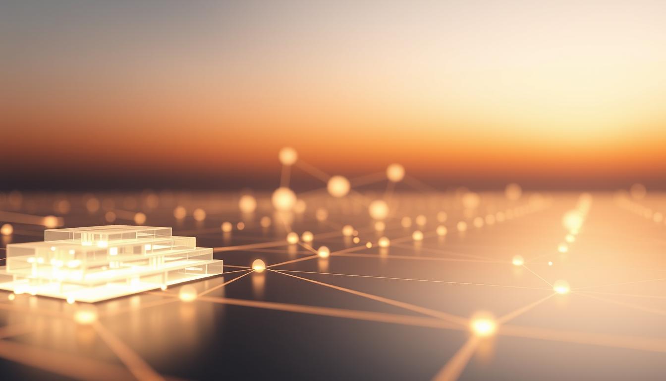 A close-up view of a blockchain network, rendered in a sleek, minimalist style. The foreground depicts a digital ledger, represented as a stack of interconnected blocks, glowing with a soft, ethereal light. The middle ground features a series of nodes, each a shimmering sphere connected by delicate lines, symbolizing the decentralized nature of the network. In the background, a serene, gradient-filled sky sets the mood of quiet power and technological elegance. The scene is illuminated by a warm, diffused lighting, creating a sense of depth and dimensionality. The overall composition conveys the elegant, energy-efficient essence of a proof-of-stake blockchain system.