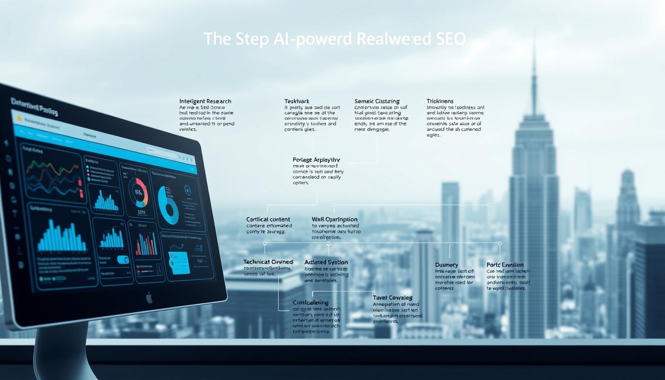 A detailed, step-by-step roadmap depicting the implementation of an AI-powered SEO strategy. In the foreground, a sleek, futuristic control panel with interactive data visualizations, seamlessly integrated with cutting-edge AI algorithms. The middle ground showcases a dynamic workflow, illustrating the key stages of the SEO optimization process - from intelligent keyword research and semantic clustering to technical on-page enhancements and automated content generation. In the background, a cityscape of gleaming skyscrapers, symbolizing the scale and sophistication of modern, data-driven marketing. Diffused lighting creates a sense of depth and technological elegance, while a cool, muted color palette conveys a professional, future-forward aesthetic.
