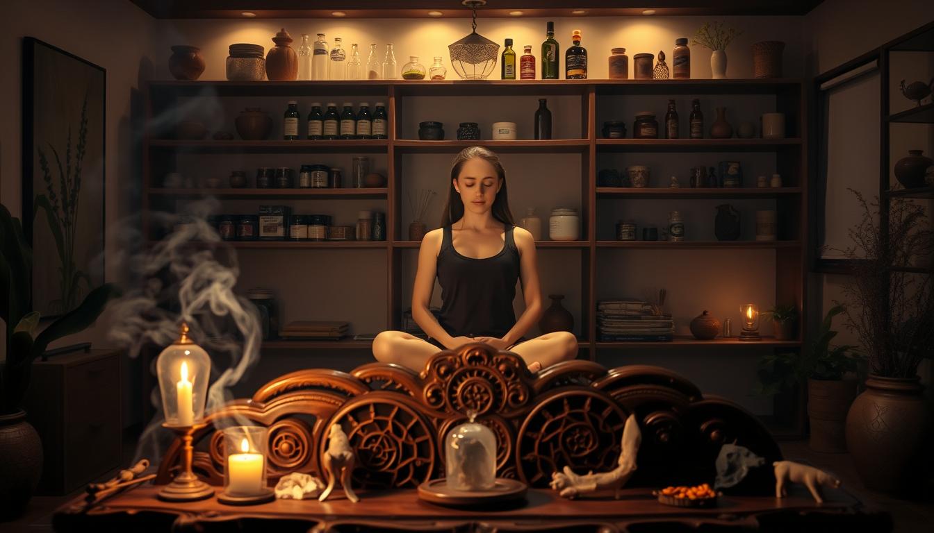 A serene, dimly lit sanctuary blending ancient wisdom and modern wellness. In the foreground, an ornate, carved wooden altar adorned with healing crystals, incense, and a glowing, meditative candle. At the center, a holistic practitioner sits cross-legged, eyes closed, exuding a sense of tranquility and inner focus. Behind them, shelves display an eclectic array of herbal remedies, acupuncture needles, and other integrative health tools. The background is hazy, with soft, diffused lighting casting a warm, calming glow throughout the space. Subtle earth tones and natural textures create a harmonious, harmonious atmosphere, blending the timeless practices of traditional medicine with the modern pursuit of wellbeing.