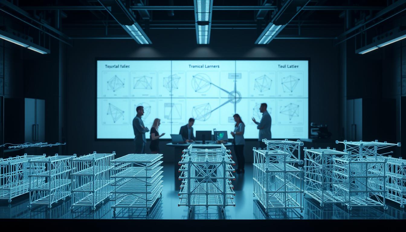 A sleek, modern laboratory setting with a large display screen showcasing intricate neural network diagrams. In the foreground, a collection of various transformer model architectures - BERT, GPT, T5, and others - are rendered in detailed 3D, their interconnected layers and attention mechanisms visible. The middle ground features a team of data scientists and machine learning engineers collaborating around a central workstation, gesturing towards the display and engaged in animated discussion. The background is dimly lit, casting dramatic shadows and highlights across the scene, creating a sense of technical sophistication and cutting-edge innovation. Bright accent lighting illuminates the transformer models, making their complex structures the visual centerpiece.