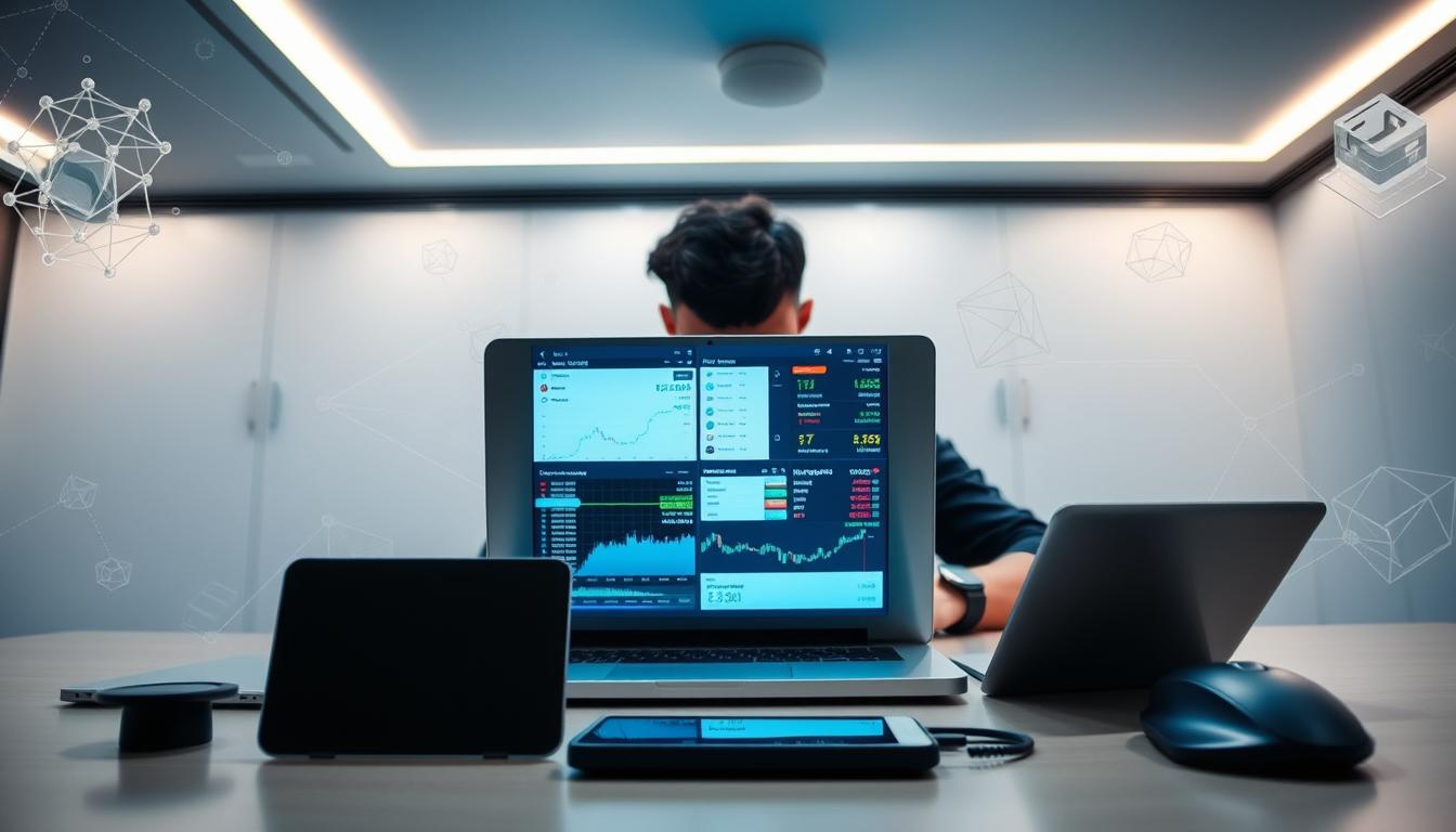 A modern, sleek office setting with a person seated at a desk, intently focused on a laptop screen displaying various cryptocurrency exchange interfaces. Soft, diffused lighting emanates from overhead, creating a professional, yet tranquil atmosphere. In the foreground, an array of digital devices - a smartphone, tablet, and wireless mouse - are arranged neatly, hinting at the seamless integration of technology in the process. The background features stylized, abstract representations of blockchain networks, digital wallets, and financial data visualizations, conveying the depth and complexity of the crypto investment landscape.