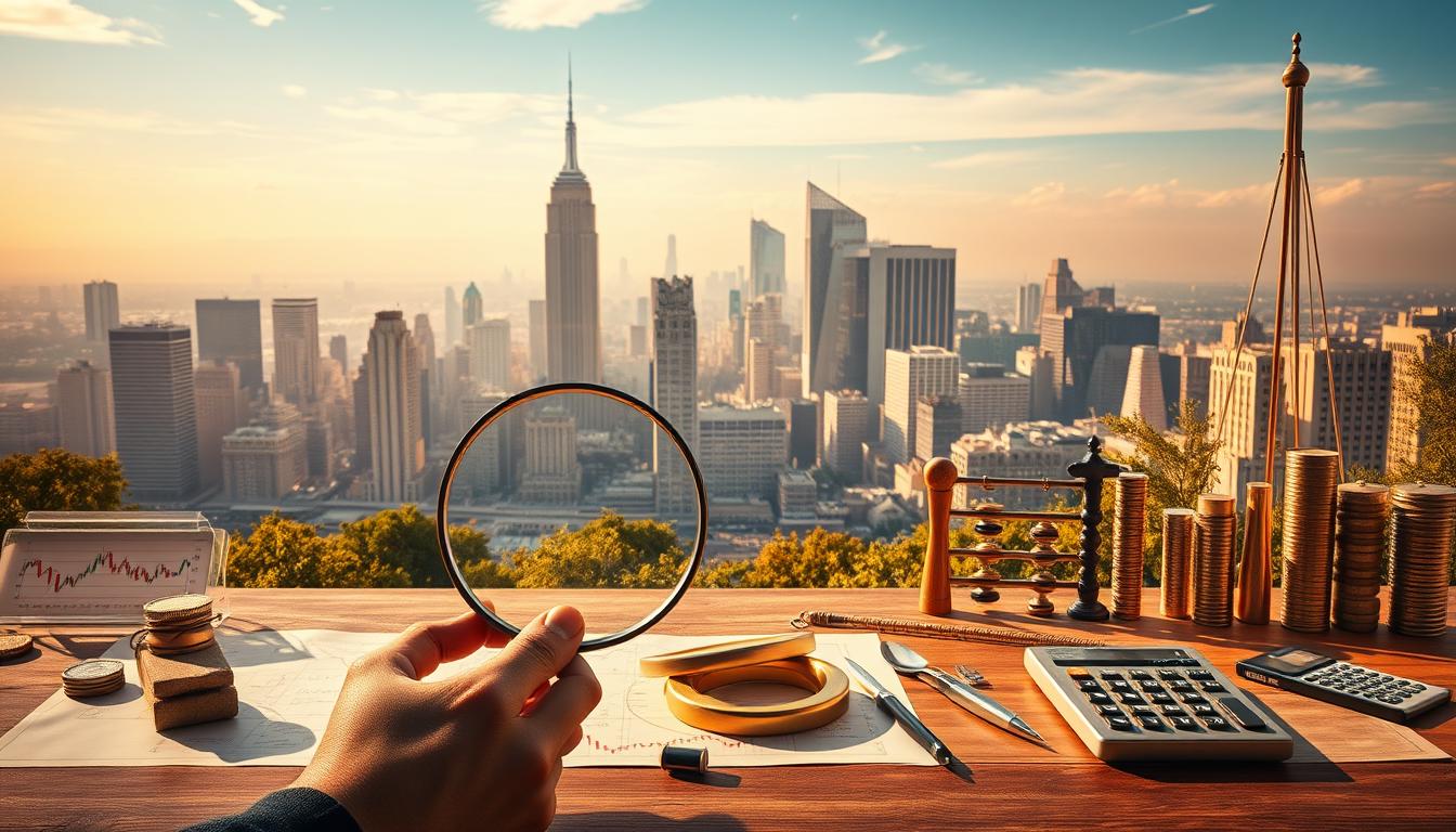 A serene financial landscape with a balanced portfolio of stocks, bonds, and commodities, symbolizing a well-crafted risk mitigation strategy. In the foreground, a steady hand holds a magnifying glass, carefully analyzing market trends. In the middle ground, diverse financial instruments like a compass, abacus, and calculator convey the analytical rigor. In the background, a majestic cityscape with towering skyscrapers and a clear sky, conveying a sense of stability and security. Warm lighting casts a golden glow, creating an atmosphere of prudent decision-making. The image reflects the measured approach needed to navigate the volatility of global elections and their impact on the stock markets.