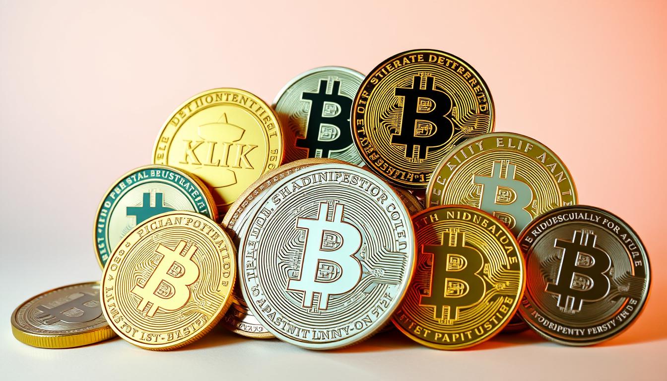 Detailed close-up shot of the most promising cryptocurrency coins for staking in 2025, captured under warm, diffused studio lighting against a clean, minimalist background. The coins are arranged in a visually appealing layout, showcasing their unique shapes, colors, and textures. The image radiates a sense of professionalism and authority, conveying the coins' potential for generating passive income through staking. The composition highlights the key details and features of each coin, allowing the viewer to appreciate their individual characteristics.