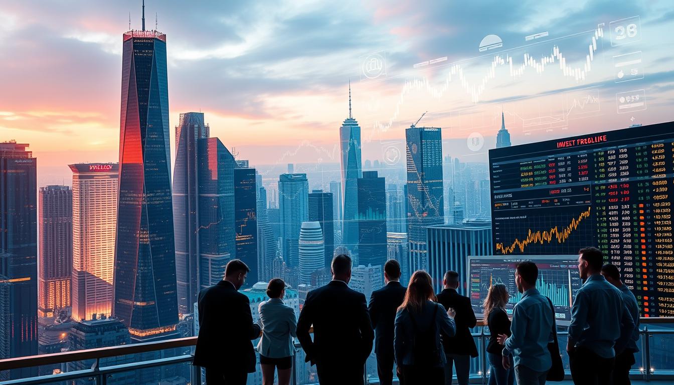 A stylish, high-tech cityscape in the foreground, with towering skyscrapers and neon-lit glass facades. In the middle ground, a group of people gathered around sleek, touch-enabled digital interfaces, engrossed in real-time stock analysis and portfolio management. The background features a dynamic, data-driven display of stock tickers, financial graphs, and AI-powered insights, casting a warm, futuristic glow over the scene. The overall atmosphere conveys a sense of innovation, efficiency, and the transformative power of AI in the world of investment and finance.