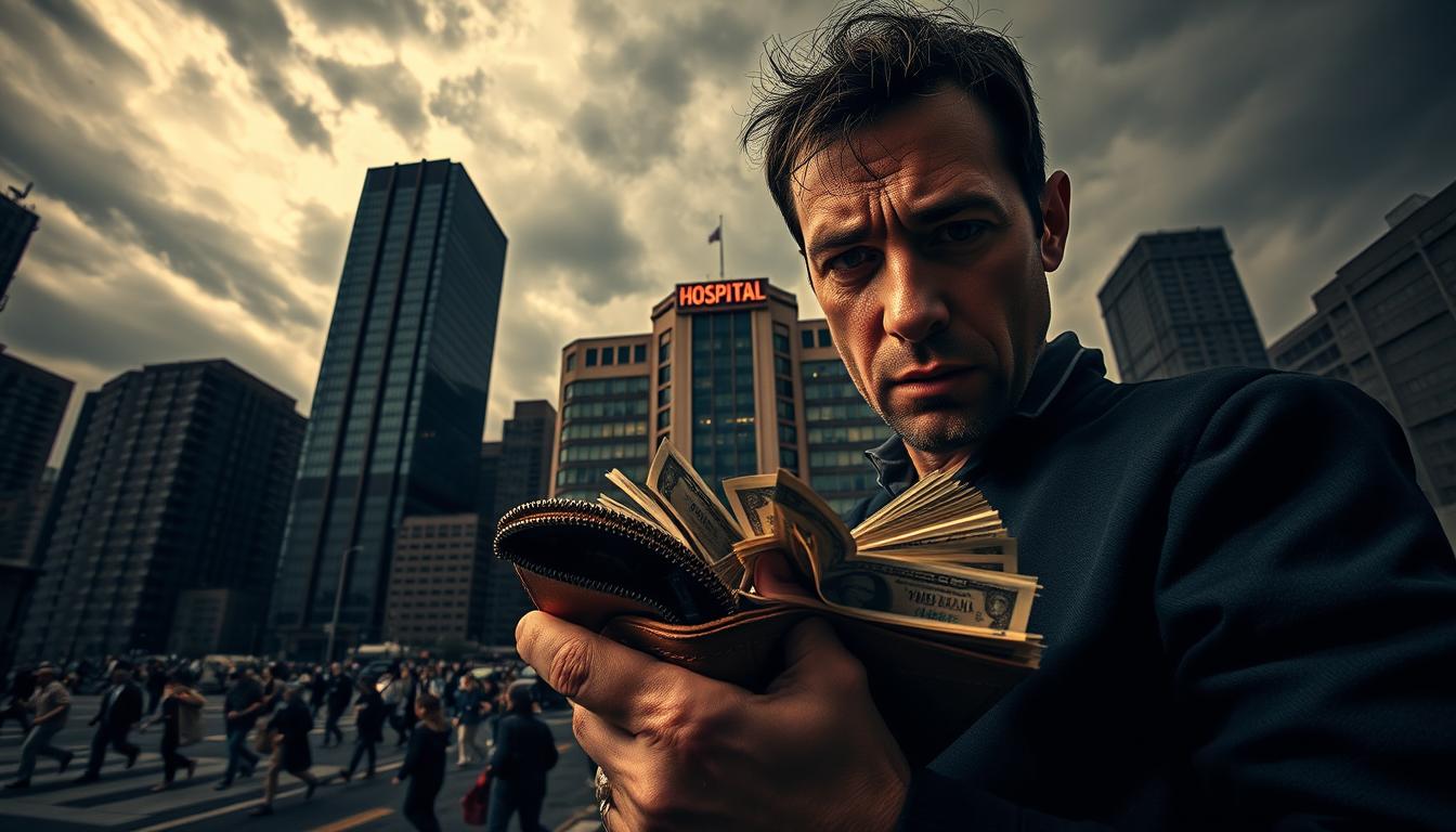 A stark, gritty cityscape against a brooding sky. In the foreground, a person clutches a bulging wallet, their expression tense and worried. Towering skyscrapers loom, their glass facades reflecting the chaos below - people rushing, bills fluttering. In the middle ground, a hospital looms, its neon sign flickering ominously. The air is thick with a sense of financial uncertainty, as if the very foundations of stability are crumbling. Harsh, dramatic lighting casts deep shadows, heightening the sense of unease. A wide-angle lens captures the overwhelming scale of the scene, emphasizing the individual's vulnerability in the face of larger economic forces.