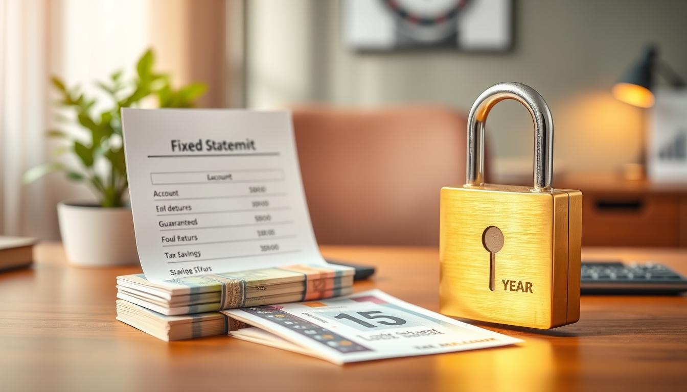 A well-structured five-year fixed deposit account with a golden padlock symbolizing the secure lock-in period. The account statement hovers in the foreground, highlighting the guaranteed returns and tax-saving benefits. In the middle ground, a stack of Indian currency notes and a calculator suggest the financial planning aspect. The background depicts a serene office setting with a wooden desk, a potted plant, and warm lighting, conveying a sense of trust and professionalism. The overall composition emphasizes the reliability and tax-efficiency of the fixed deposit as a prudent investment option.