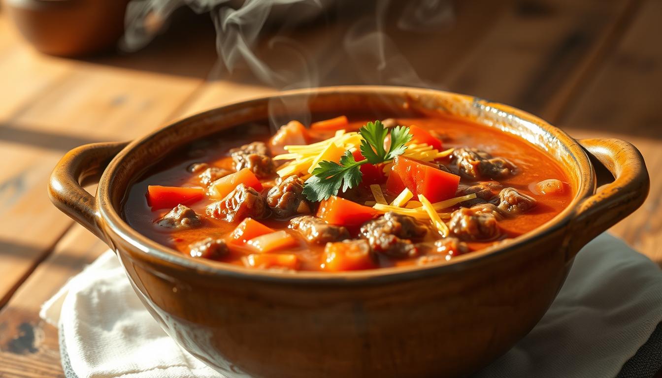 Hamburger Soup: 5 Secrets to Make It Extra Flavorful 3 Detailed still life of a hearty hamburger soup in a rustic ceramic bowl, steam rising gently. Diced tomatoes, fresh parsley, and a sprinkle of shredded cheddar cheese adorn the surface, adding color and texture. The bowl is set on a wooden table, with a warm, natural lighting illuminating the scene. Subtle shadows and reflections add depth and dimension. The overall mood is comforting, homey, and inviting, perfectly capturing the "finishing touches" that elevate this classic dish.