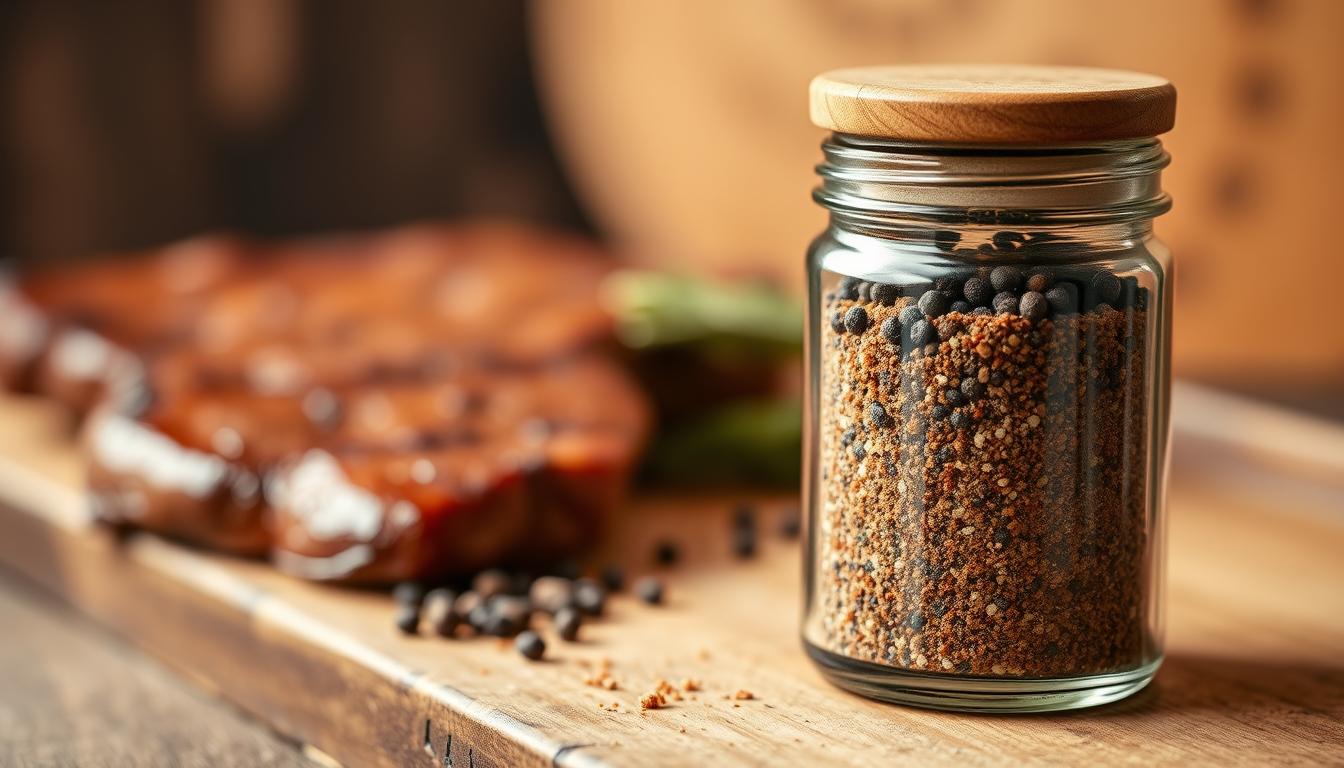 Steak seasoning composed of freshly ground black peppercorns, coarse sea salt, granulated garlic, smoked paprika, and a hint of rosemary. The seasoning blend is presented in an elegant glass jar with a wooden lid, captured in a warm, natural light setting. The foreground features the jar in focus, while the background showcases a rustic wooden surface, complemented by a subtle vignette effect to draw the viewer's attention to the main subject. The overall mood is one of culinary sophistication and appetizing anticipation, hinting at the delicious possibilities of the seasoning's application on a juicy, perfectly grilled steak.