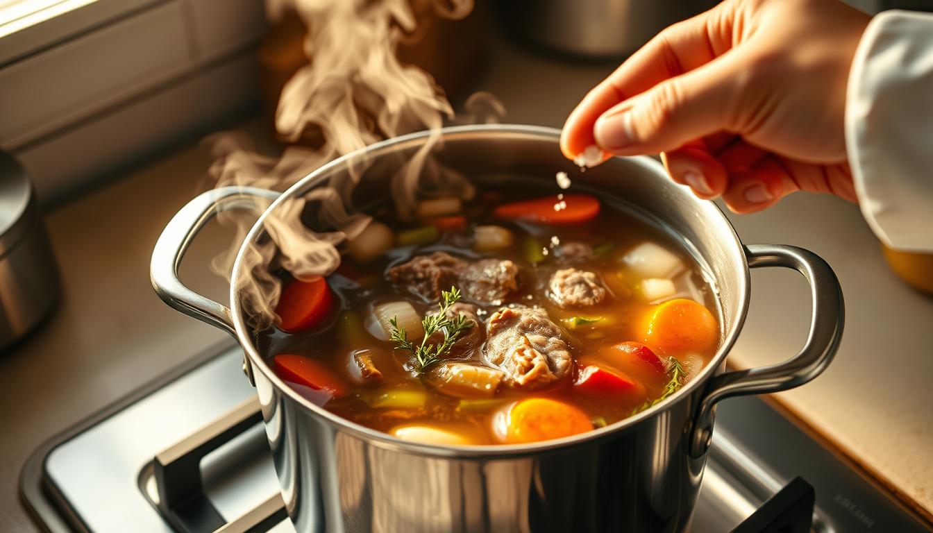 A large, gleaming stockpot simmers on a gas stove, steam rising in wisps. Within, a rich, fragrant beef bouillon broth bubbles and churns, surrounded by an array of aromatic vegetables and herbs - carrots, onions, celery, and fresh thyme. The light in the kitchen is soft and warm, casting a golden glow over the scene. In the foreground, a chef's hand carefully adds a pinch of salt, testing the balance of flavors. The overall mood is one of culinary mastery, with the bouillon as the centerpiece of a carefully orchestrated cooking technique.