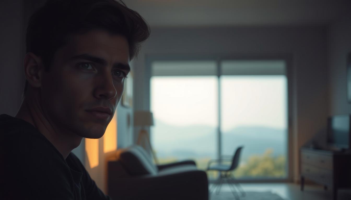 A thoughtful, introspective portrait of a man contemplating his mental well-being. In the foreground, a young adult male sits in a tranquil, dimly lit setting, his face expressing a pensive, yet determined gaze. Soft, warm lighting from a nearby window illuminates his features, casting subtle shadows that convey a sense of depth and contemplation. The middle ground features a minimalist, calming environment, perhaps a home office or bedroom, with muted tones and simple furnishings that create a serene atmosphere. In the background, a blurred, hazy landscape suggests a peaceful, natural setting, further emphasizing the introspective, meditative mood. The overall scene aims to capture the importance of men acknowledging and addressing their mental health, with a visually striking and emotionally resonant composition.