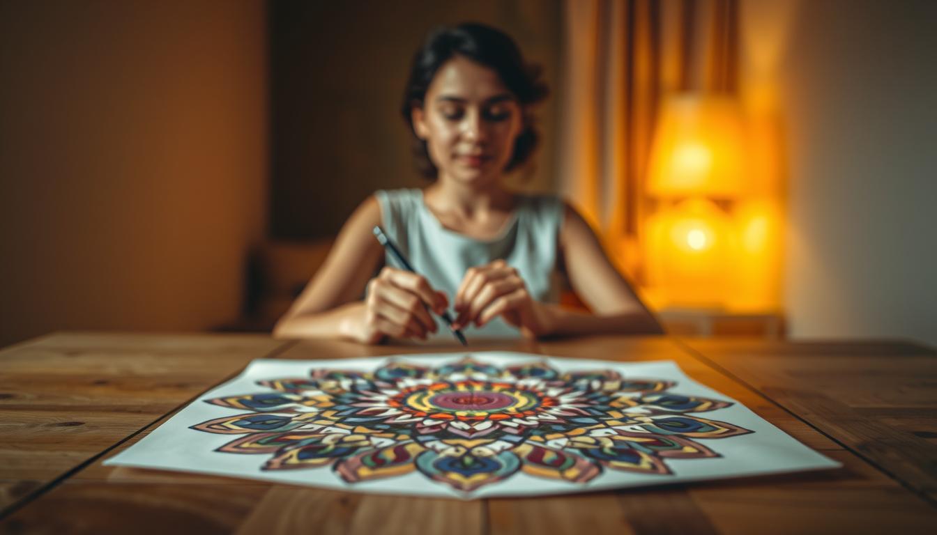 A serene, dimly lit room with a wooden table in the foreground, on which a mandala design is laid out, partially colored with vibrant, earthy tones. The mandala appears to be a work in progress, conveying a sense of focus and mindfulness. In the middle ground, a person's hands can be seen gently coloring the mandala, their face obscured but their expression exuding a sense of calm and relaxation. The background is blurred, creating a soft, dreamlike atmosphere, hinting at the psychological benefits of the mandala coloring process. Warm, muted lighting casts a soothing glow over the scene, emphasizing the meditative and therapeutic nature of the activity.