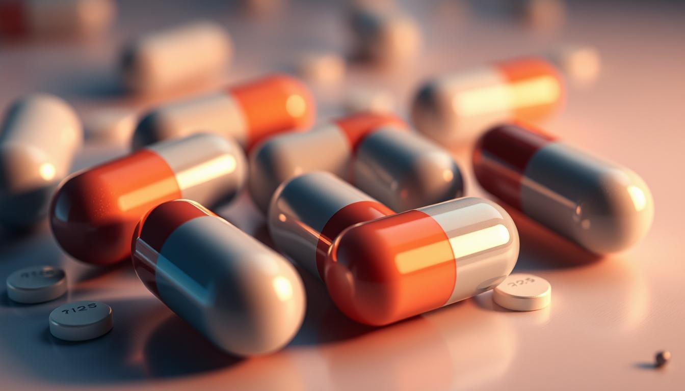 A detailed and scientifically accurate illustration of dopamine agonist medication for the treatment of restless leg syndrome (RLS). The image should depict a close-up view of several capsules or tablets, rendered with realistic textures and lighting to convey their pharmaceutical nature. The capsules should be surrounded by a hazy, out-of-focus background suggestive of the neurological mechanisms involved in RLS. The overall mood should be one of clinical efficacy and medical purpose, highlighting the role of dopamine agonists as the first-line pharmacological intervention for this sleep disorder.