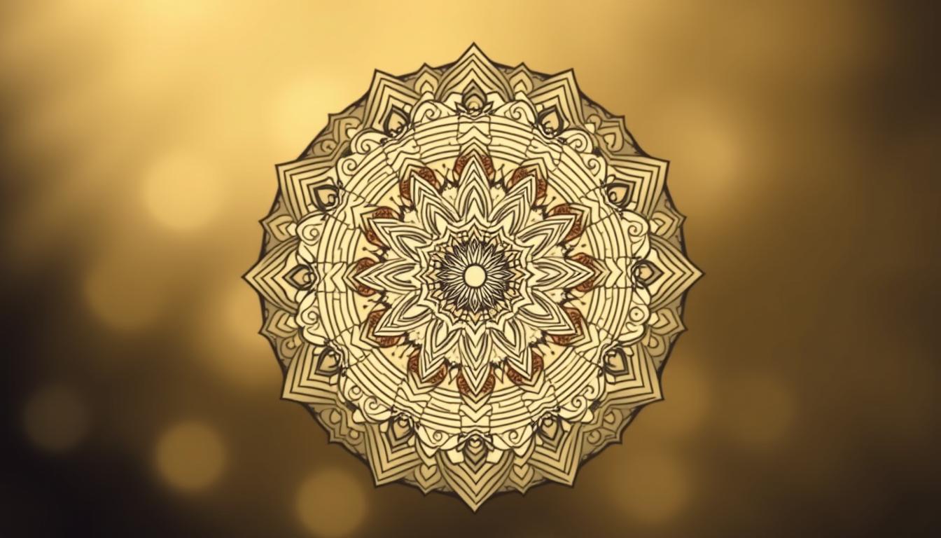 A serene mandala artwork, with intricate concentric circles and symmetrical patterns in muted, earthy tones. The design features a tranquil, meditative atmosphere, with gentle lighting and a sense of balance and harmony. The mandala is the focal point, filling the middle ground, while the background is softly blurred, creating a calming, therapeutic ambiance. The overall composition evokes a sense of inner peace and emotional well-being, reflecting the science-based benefits of mandala coloring for relaxation and mindfulness.