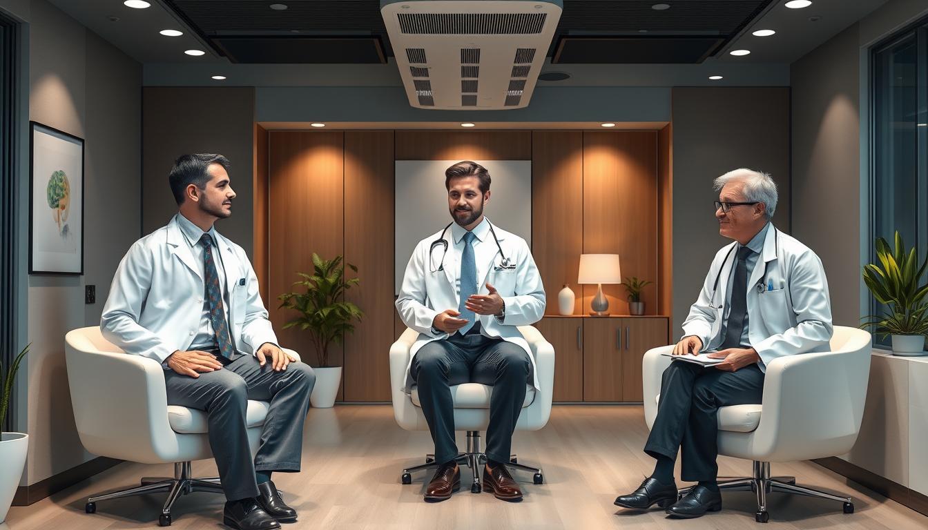 A sleek, modern medical office interior with three distinct sections showcasing different ADHD specialists - a clinical psychologist, a psychiatrist, and a neurologist. The specialists are dressed professionally and engaged in consultations with patients. Soft, directional lighting highlights their expressions and body language, conveying an atmosphere of expertise, empathy, and patient-centered care. The room features clean lines, neutral tones, and subtle medical accents that create a welcoming, yet authoritative setting. The layout emphasizes the unique qualifications and approaches of each specialist, enabling viewers to compare and contrast their roles in ADHD treatment.