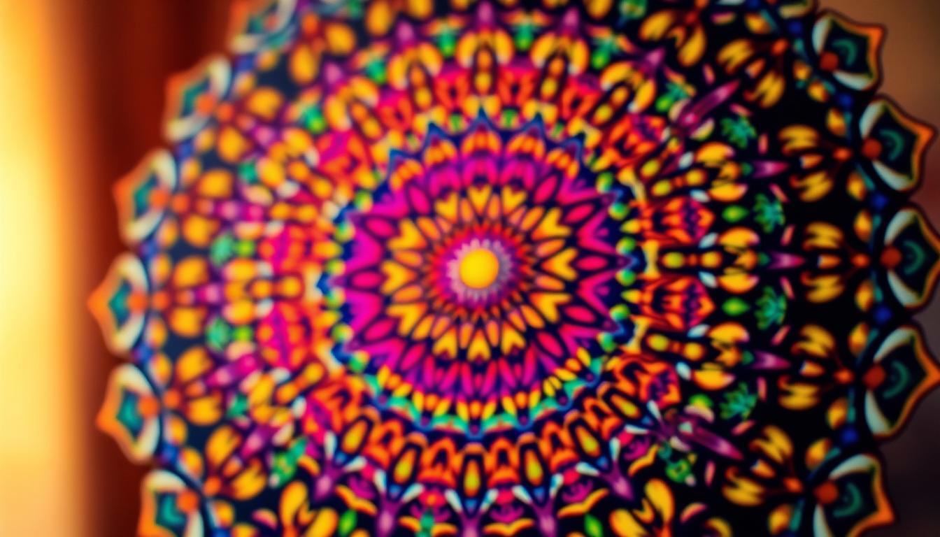 A visually striking mandala, bursting with vibrant colors and intricate, symmetrical patterns. The foreground showcases the mandala's intricate, kaleidoscopic design, with concentric circles of geometric shapes and intricate line work. The middle ground features a soft, blurred background that enhances the mandala's mesmerizing, almost hypnotic, quality. The lighting is warm and diffused, creating a serene, meditative atmosphere. The image is captured at a slightly elevated angle, giving the viewer a sense of depth and immersion in the ancient, mystical art form. The overall composition and attention to detail evoke the timeless allure and modern appeal of mandalas as a tool for relaxation, self-reflection, and spiritual exploration.