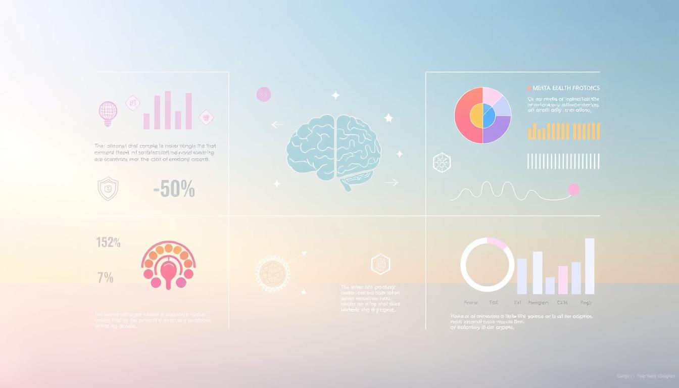 Vibrant, data-driven mental health infographics set against a clean, minimalist backdrop. A serene, pastel color palette with soft, diffused lighting evoking a sense of tranquility. Sleek, modern icons and visualizations depicting the interplay between the brain, emotions, and well-being. Thoughtfully arranged elements guiding the viewer's eye, conveying the science of visual processing and its impact on emotional response. Subtle textures and gradients add depth and sophistication. An overall aesthetic that is both informative and visually soothing, inviting the viewer to engage with the content on a deeper level.