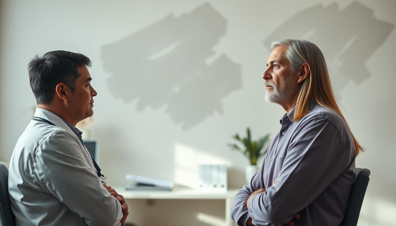 A clinical, yet empathetic scene showcasing the essence of a bipolar disorder diagnosis. In the foreground, a perceptive psychiatrist engages with a thoughtful patient, their expressions conveying the weight of this life-altering moment. The middle ground features medical instruments and a soothing, neutral-toned office, conveying a sense of professionalism and care. The background subtly hints at the complex emotions and mental turmoil associated with this disorder, with muted, abstract brushstrokes evoking a sense of duality and internal struggle. Soft, natural lighting illuminates the scene, creating a palpable atmosphere of understanding and hope. Realistic, yet artistically interpreted, this image aims to capture the pivotal experience of a bipolar disorder diagnosis.