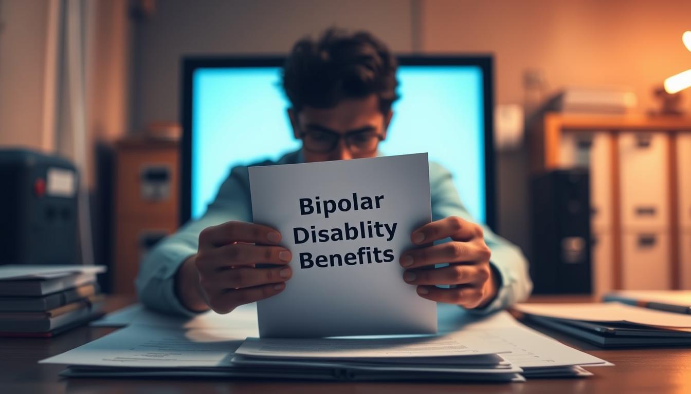 A dimly lit office space, the soft glow of a computer screen illuminating a desk covered in paperwork. In the foreground, a person's hands hold a document titled "Bipolar Disability Benefits," their expression a mix of determination and weariness. The background is hazy, conveying a sense of bureaucratic limbo, with filing cabinets and a bookshelf barely visible. The lighting is warm and subdued, creating an atmosphere of contemplation and perseverance. The overall scene suggests the challenges and complexities involved in navigating the process of claiming disability benefits for bipolar disorder.