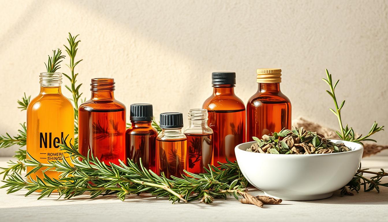 Aromatherapy oils rosemary composition: a still life of an array of rosemary sprigs, glass bottles filled with rich amber-colored oils, and a white ceramic bowl containing dried rosemary leaves. The arrangement is set against a neutral background, softly lit from the side to create warm, gentle shadows and highlights that accentuate the natural textures and hues. The composition emphasizes the earthy, herbal essence of rosemary, conveying its properties as a soothing, rejuvenating essential oil.