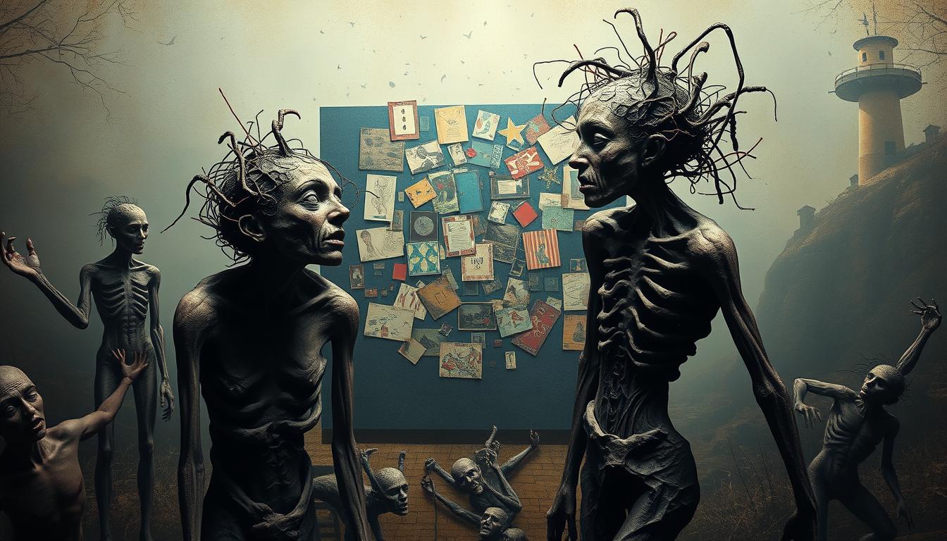 A surreal and unsettling scene of schizophrenic art, with twisted, fragmented figures in the foreground, their faces and bodies distorted and disjointed. In the middle ground, a collage of abstract shapes and patterns in clashing colors, conveying a sense of mental chaos and fragmentation. The background is a hazy, dreamlike landscape, with distorted perspectives and surreal elements, creating an atmosphere of unease and uncertainty. Lighting is moody and atmospheric, with dramatic shadows and highlights, emphasizing the eerie, unsettling mood. The overall impression is one of a deeply personal and introspective exploration of the inner workings of the schizophrenic mind.