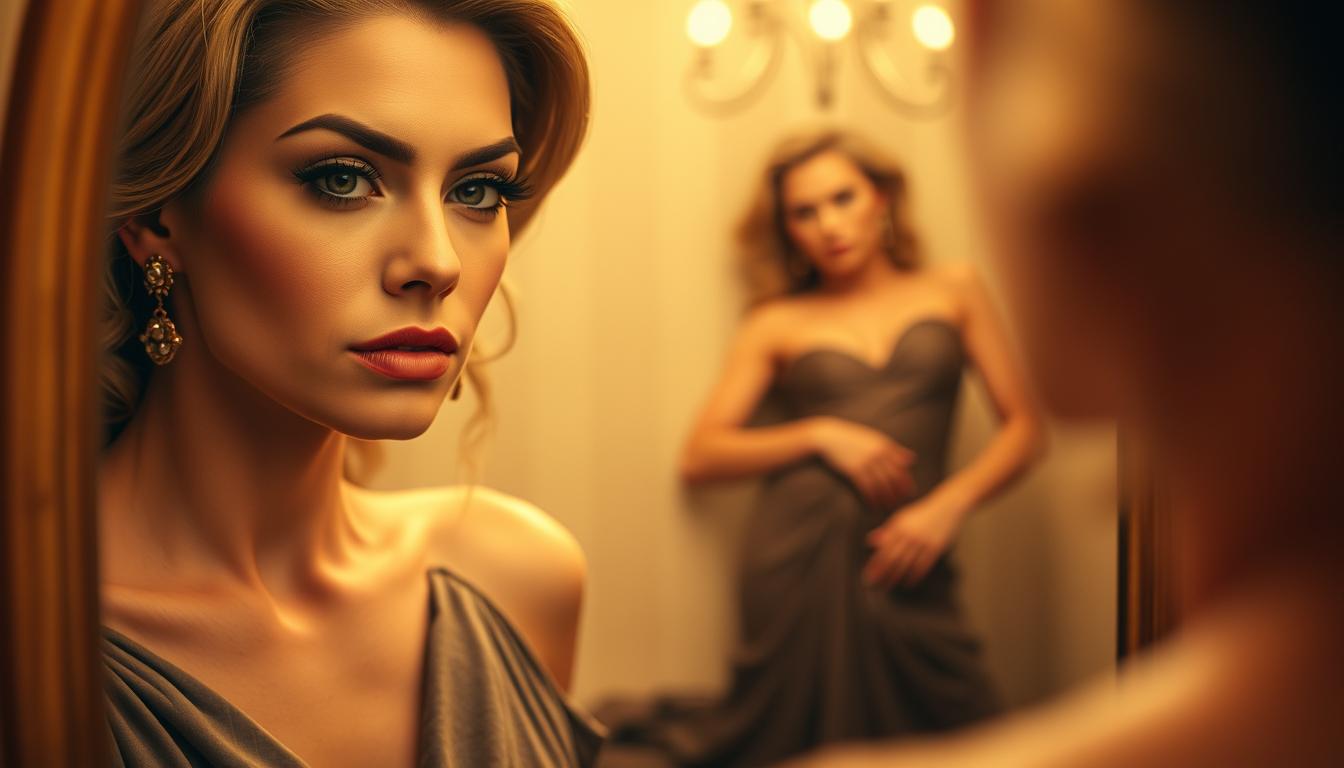 A narcissistic woman, her reflection distorted in a mirror, gazing at herself with an expression of self-admiration and vanity. The foreground shows her face, finely detailed with elegant makeup, her eyes narrowed in a haughty look. The middle ground depicts her posed body, draped in luxurious fabrics that accentuate her figure. The background is blurred, emphasizing the woman's self-absorption, with warm lighting casting a flattering glow. The overall mood is one of detached self-regard, capturing the essence of female narcissism.
