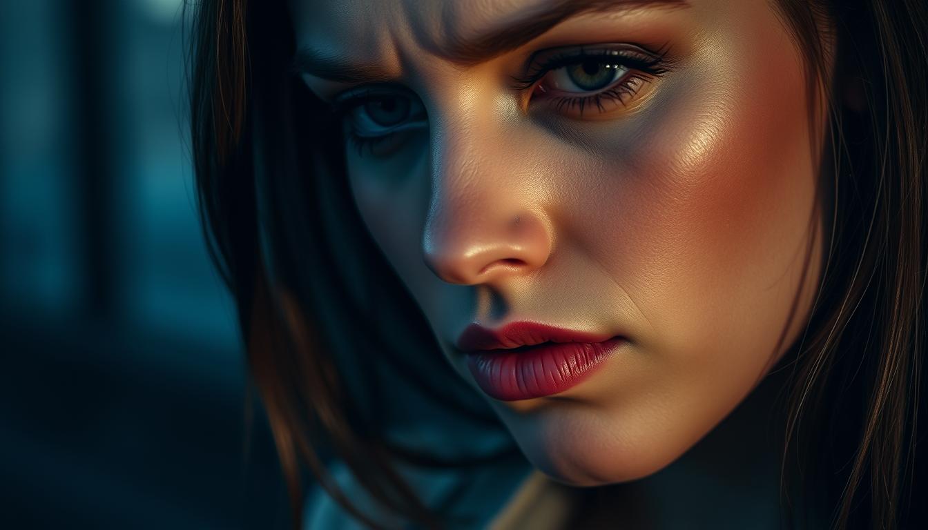 A close-up portrait of a woman with a pensive, self-absorbed expression. Her gaze is averted, eyes slightly narrowed, lips pursed in a subtle smirk. The lighting is dramatic, casting deep shadows on her face, highlighting her high cheekbones and defined jawline. The background is blurred, drawing the viewer's attention solely to her face, which conveys a sense of detachment and entitlement. The image has a cool, muted color palette, evoking a sense of emotional distance and lack of empathy. The lens is slightly distorted, creating an unsettling, almost predatory feel to the overall composition.