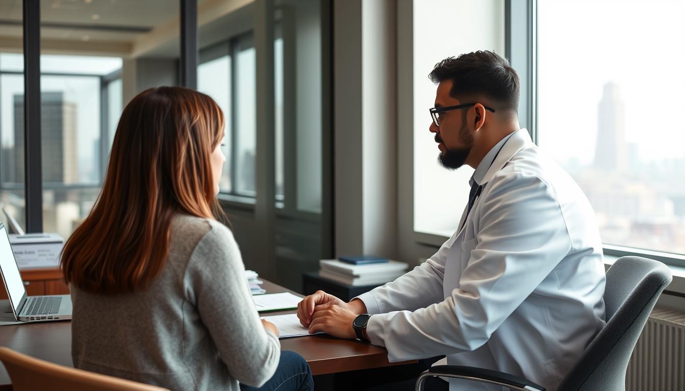 A professional ADHD psychiatrist sitting in their office, wearing a white coat and focused expression. The office is well-lit, with large windows overlooking a city skyline. On the desk, there are medical charts, a laptop, and a nameplate. The psychiatrist is leaning forward, engaged in a thoughtful discussion with a patient seated across from them. The atmosphere conveys expertise, empathy, and a commitment to providing high-quality mental healthcare.