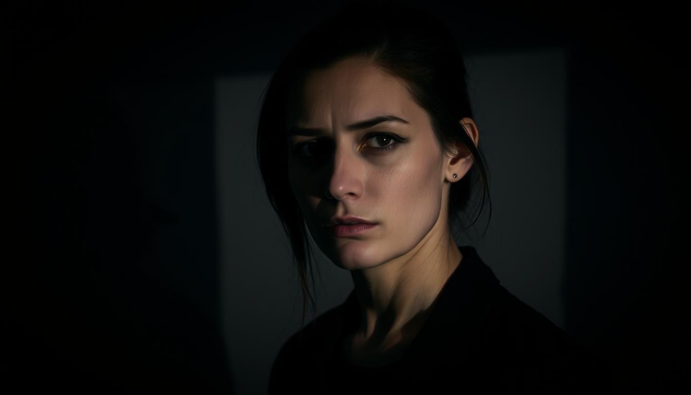 A pensive woman with a distant, detached gaze stands in a dimly lit room, her face half-obscured by shadows. Her posture exudes an air of calculated indifference, a subtle yet commanding presence that demands attention. The lighting casts dramatic shadows, accentuating the sharp angles of her features, lending an air of cold, clinical detachment. The background is a muted, monochromatic palette, further emphasizing the subject's introspective, self-absorbed demeanor. The overall mood is one of emotional distance and a lack of empathy, capturing the essence of narcissistic personality disorder in women.