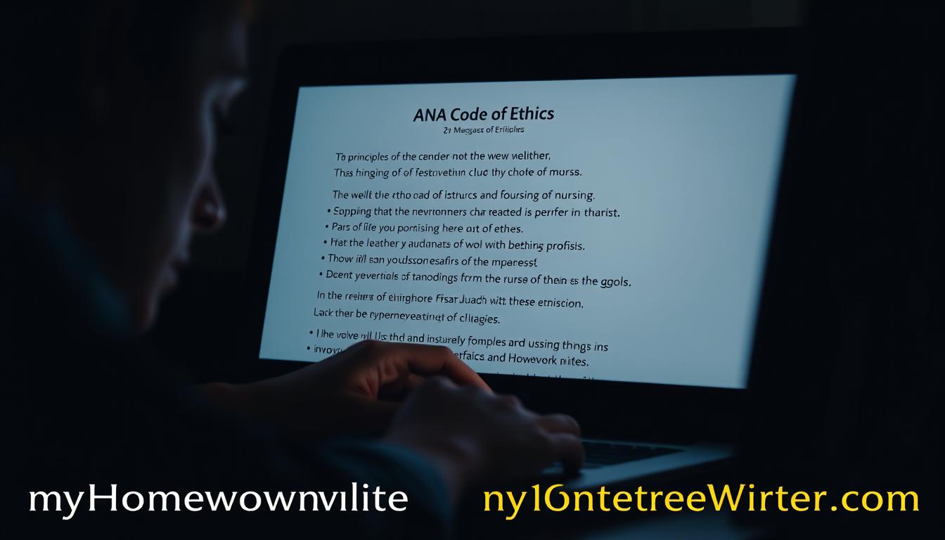 A dimly lit room, the glow of a computer screen casting a soft light on a thoughtful face. In the foreground, a hand carefully types out the principles of the ANA Code of Ethics, each line a testament to the moral foundations of the nursing profession. The background is a subtle interplay of shadows and highlights, evoking a sense of contemplation and the weight of ethical decision-making. The overall atmosphere is one of focus and dedication, as the figure ponders the provisions that matter most in their nursing homework. At the bottom of the frame, the words &amp;quot;MyHomeworkWriter&amp;quot; and &amp;quot;myhomeworkwriter.com&amp;quot; are discreetly integrated, a subtle nod to the trusted online support for nursing students.
