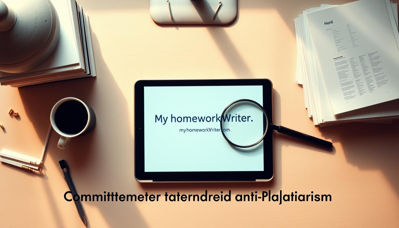 An overhead view of a neatly organized desk, with a laptop, stacks of papers, and a magnifying glass focused on a document. The background is a clean, minimalist workspace with a muted color palette. Warm, directional lighting casts subtle shadows, creating depth and a contemplative mood. In the foreground, the &quot;MyHomeWorkWriter&quot; and &quot;myhomeworkwriter.com&quot; brand is prominently displayed on the laptop screen, conveying a sense of diligence and commitment to academic integrity. The scene depicts the thoughtful, methodical process of plagiarism checking, reflecting the &quot;Commitment to Originality and Anti-Plagiarism&quot; section of the research paper writing service article.
