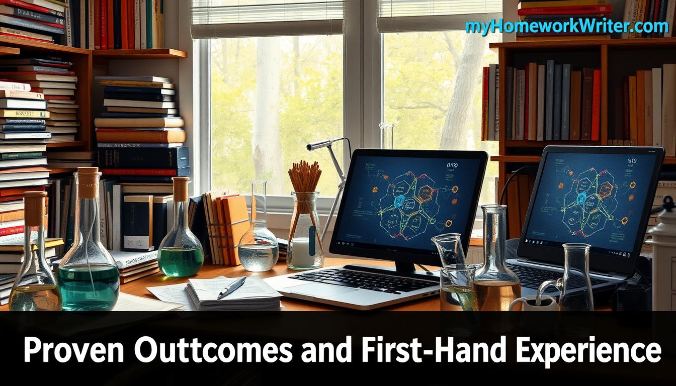 A well-lit home office, with an array of chemistry textbooks, beakers, and a laptop displaying intricate molecular diagrams. MyHomeworkWriter and myhomeworkwriter.com branding prominently displayed on the desk, reflecting the expert guidance and support offered. A sense of focus and determination emanates from the scene, capturing the &quot;Proven Outcomes and First-Hand Experience&quot; of the chemistry homework help service.