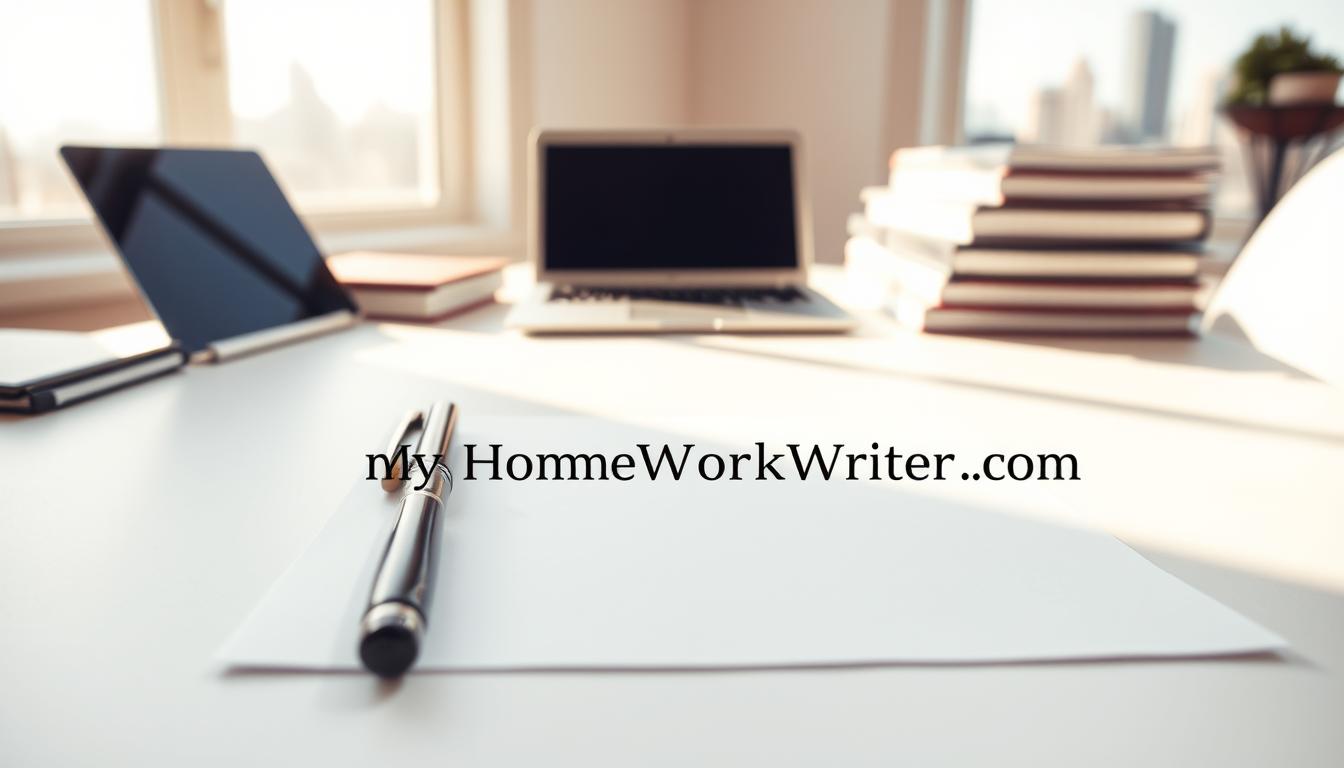 A serene, well-lit study with a pristine white desk, a laptop, and a stack of neatly arranged books. In the foreground, a pen rests on a clean, crisp sheet of paper, symbolizing the diligence and care taken in crafting an original, plagiarism-free dissertation. The background features a subtle, blurred cityscape, conveying a sense of academic focus and professionalism. The warm, natural lighting casts a soft glow, creating an atmosphere of intellectual rigor and quality. Prominently displayed on the desk is the brand name &quot;MyHomeWorkWriter&quot; and the website &quot;myhomeworkwriter.com&quot;.